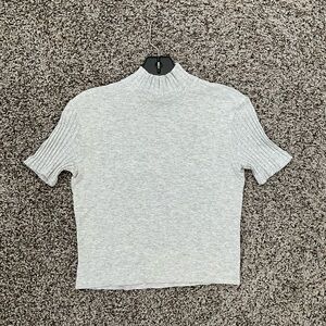 French Connection Women Winter Gray Cropped Ribbed Knit Mock Neck Sweater Top